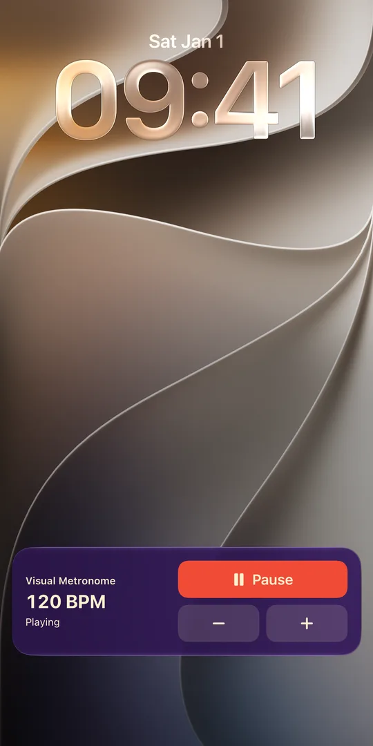 The Visual Metronome Live Activity on the iPhone Lock Screen: 120 BPM, playing, with Pause, minus and plus buttons