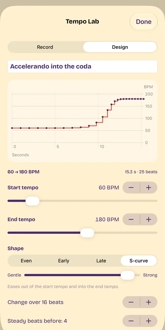 Tempo Lab's designer on iPhone: an accelerando from 80 to 120 BPM shaped as an S-curve, with its tempo graph, start and end tempos, and shape controls